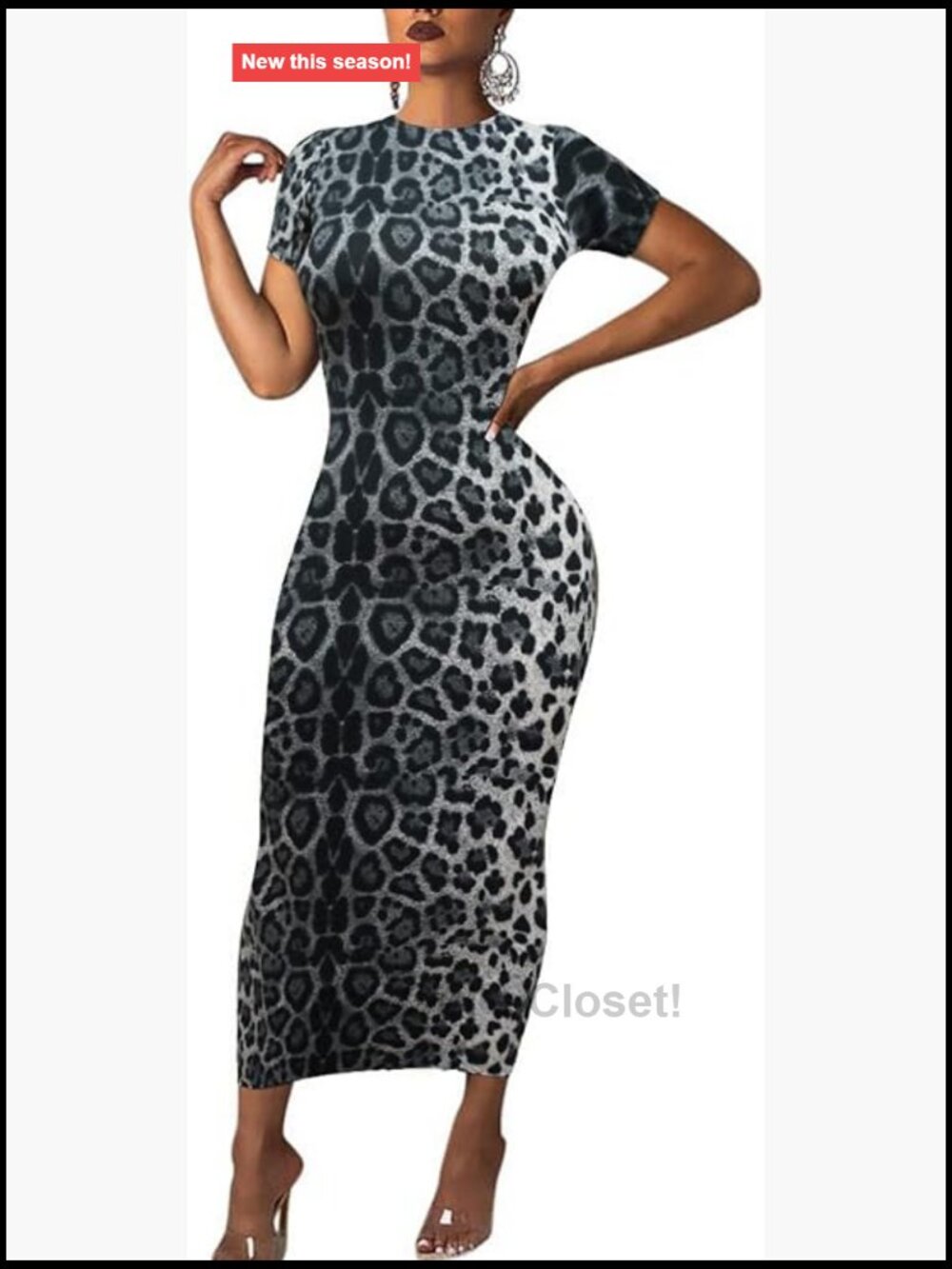 Leopard Print Bodycon Maxi Dress Short Sleeve Club Night Out Stretchy
